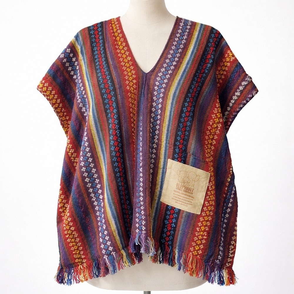 Elephant Jungle Sanctuary Thai Woven Kaftan Top Size M Multicolor Granola Hippie